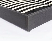 Lit double XDS moderne et contemporain avec capitonnage boutonné, plateforme relevable à vérins à gaz et rangement, cadre en fer gris foncé, revêtement en tissu