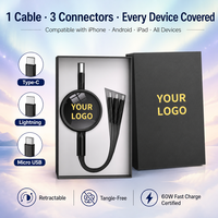 Câble de charge rétractable 3-en-1 moderne et portable de qualité supérieure, imprimé UV, en ABS, avec boîte cadeau, service de personnalisation du logo, garantie de 2 ans