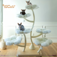 Furnitur mewah kayu padat kucing tiang gores, menara panjat kucing desain bunga dengan rumah dan pohon