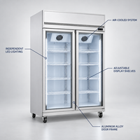 Réfrigérateur commercial vertical à trois portes vitrées, grande capacité, compresseur supérieur, acier inoxydable, affichage LED pour