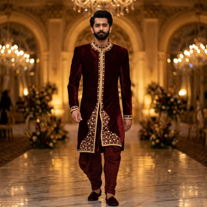 Ensemble pantalon et veste en velours pour homme, style Sherwani en soie, avec broderie Zardozi, option grandes tailles - Product Image 3
