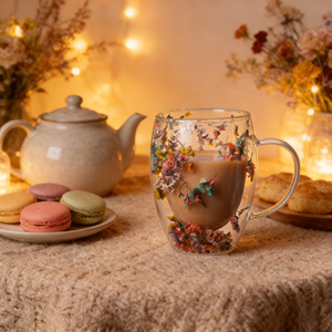 Tasses à thé <span class=keywords><strong>en</strong></span> <span class=keywords><strong>verre</strong></span> à double paroi isolées, résistantes à la chaleur, 300 ml, avec poignée, transparentes, fleurs séchées, mug à café pour expresso, latte - Product Image 2
