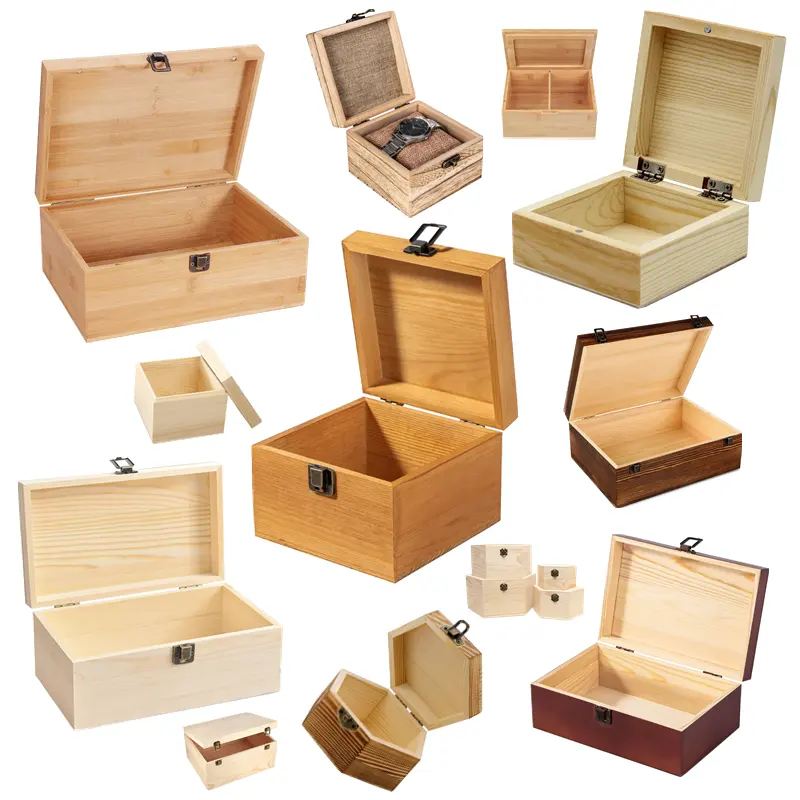 Fabbrica best-seller scatole di stoccaggio in legno all'ingrosso, vari stili e dimensioni di scatole di stoccaggio in legno con coperchi e cerniere