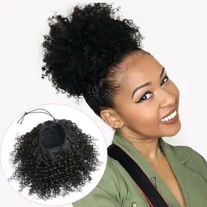 FUJIA Natural Drawstring Ponytails Real Human Hair for African Black Women Girls Kids,short Afro Puffs Hair Buns Kinky Curly Ha