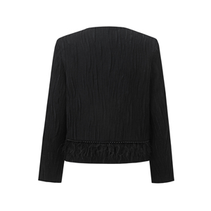 Giacca Corta Nera Traspirante in <span class=keywords><strong>Lana</strong></span> e Poliestere, Tessuto Stropicciato, Bottoni in Madreperla, Rifinitura in Piume, <span class=keywords><strong>Cappotto</strong></span> da <span class=keywords><strong>Donna</strong></span> - Product Image 3