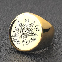 Bague Punk en Acier Inoxydable « Wahyeh » Viking, Pentagramme Magique Béni de Salomon