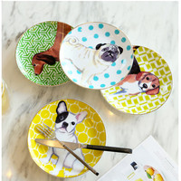 Offre Spéciale parti utilisé mignon motif de chien rond assiette décorative en céramique ensemble gâteau assiette à dessert avec jante en or