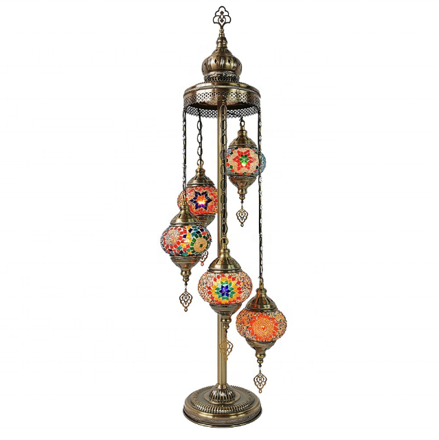 Handmade Turkish Glass Mosaic Floor Lamp - (5 Globes) with Free LED Light Bulbs