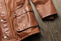 Veste de chasse en cuir véritable rétro de haute qualité, marron, en cuir de vache, col rabattu, vintage, plusieurs poches, manteaux mi-longs pour hommes