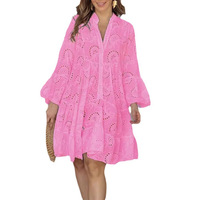 Robe d'été 2026 pour femme, style bohème, en dentelle ajourée, col en V, coupe ample, mini-robe brodée, idéale pour la plage et les soirées