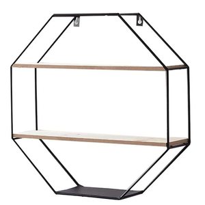 Étagère murale octogonale en fer et bois <span class=keywords><strong>40x40</strong></span> cm flottante avec 2 étagères - Product Image 3