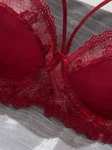 Set di Lingerie in Pizzo <span class=keywords><strong>Bordeaux</strong></span> Personalizzato OEM, <span class=keywords><strong>Reggiseno</strong></span> e Perizoma in Rete Trasparente con Ricamo Floreale 3D, Set di 2 Pezzi di Lingerie Esotica per Donne - Product Image 3