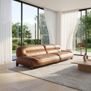 <span class=keywords><strong>Canapé</strong></span> en <span class=keywords><strong>cuir</strong></span> marron au design arrondi avec pieds en bois foncé, <span class=keywords><strong>canapé</strong></span> moderne minimaliste <span class=keywords><strong>pour</strong></span> un espace de vie confortable - Product Image 3