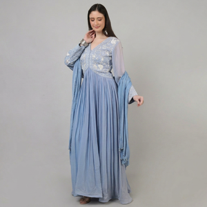 Robe longue de créateur pour femme, couleur ciel, ornée de perles, de sequins et de broderies, idéale pour les occasions spéciales. - Product Image 1