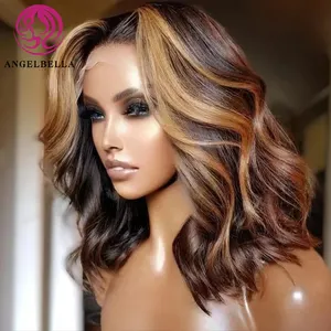 Perruques HD cheveux humains Lace Front Shoulder Length Piano Color Curly Bob <span class=keywords><strong>Perruque</strong></span> Highlight Body Wave Bob <span class=keywords><strong>Perruque</strong></span> pour femmes noires - Product Image 1