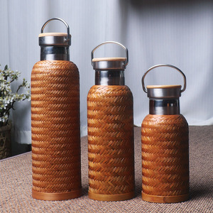 Bamboo Woven Stainless <b>Steel</b> Water <b>Bottle</b> Insulated Travel Flask With Lid 12-24 Hours Thermal Retention Round Shape For Outdoor - Product Image 1