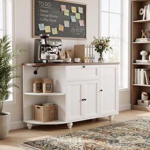 Mueble <span class=keywords><strong>Bar</strong></span> para Café y Vino de Madera con Tomacorriente, Estación de Carga Ajustable, Diseño Industrial, 2 Estantes, Mueble para el Hogar, Estante para Copas de Vino - Product Image 5