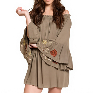 New Design Custom Off Shoulder Floral Embroidery <b>Bell</b> <b>Sleeve</b> Tunic Boho Summer <b>Mini</b> <b>Dress</b> for Women - Product Image 2