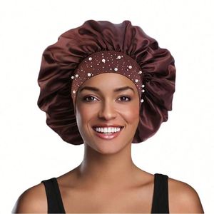 Custom Glittering Pearls and Rhinestones Satin Wide <b>Band</b> Sleeping Cap Turban <b>Hat</b> With Logo Bonnet Promotion Gift - Product Image 1