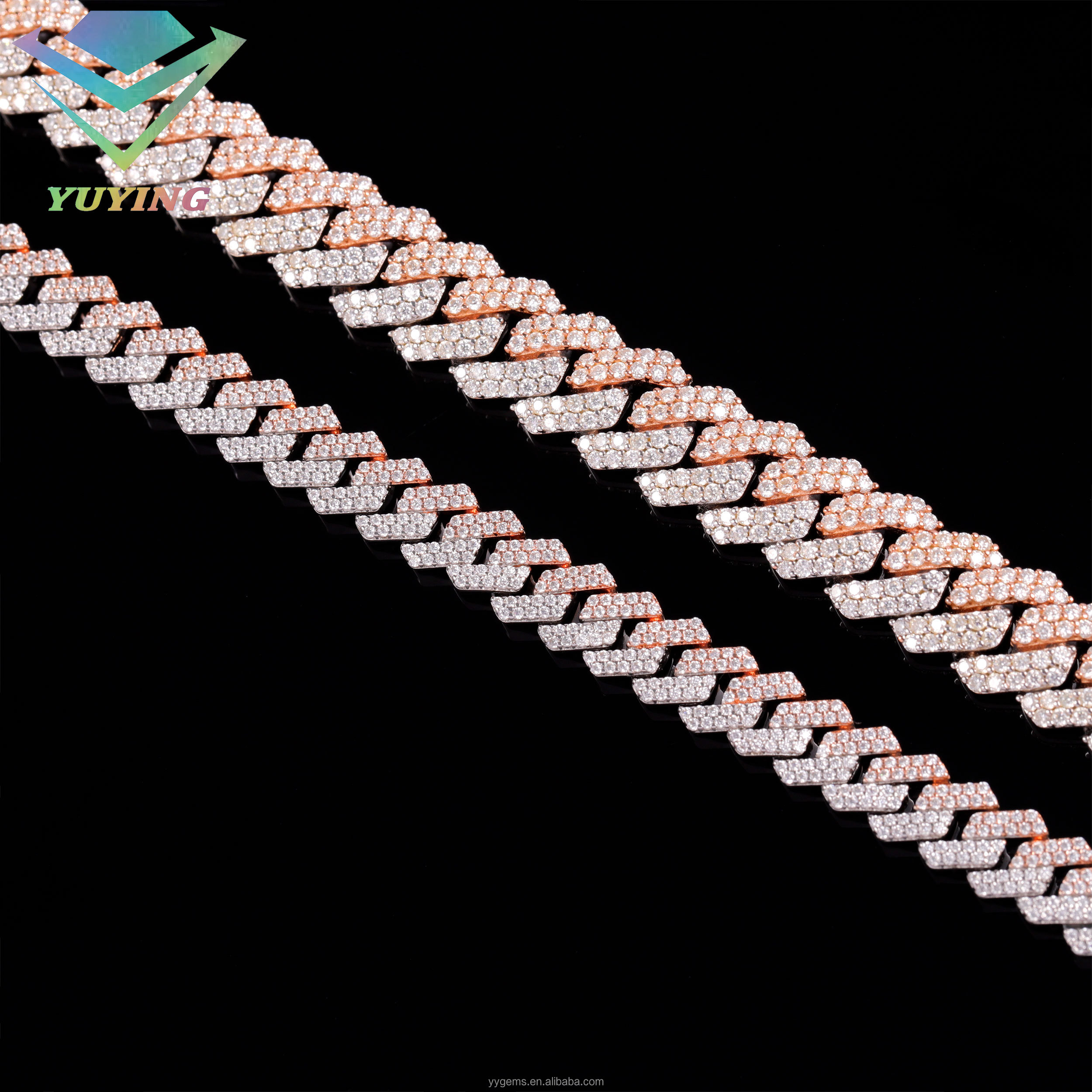 โซ่เงินชุบ 2 โทน ขนาด 8 มม. พร้อมแถวโมอิสซาไนต์ 2 แถว