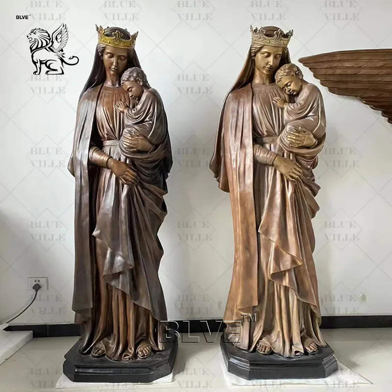 Estátuas BLVE Igreja Católica Religião Rainha Metal Sagrada Família Vida Tamanho Bronze Religiosos Virgem Maria Estátua Segurando Criança