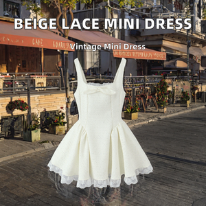 Minivestido Casual de Verano para Mujer, con Tirantes Finos, Color Beige, Pliegues en la Parte Inferior, Encaje, Transpirable, Tejido, Cintura Natural - Product Image 2