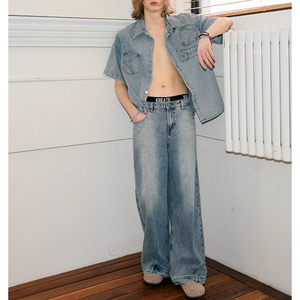 Pantalon inversé personnalisé avec chemise à manches courtes en jean dépareillé Chemise en jean noir Blouses pour femmes Chemises - Product Image 2
