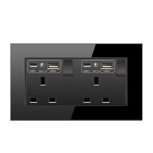 Vidrio templado negro Estándar del Reino Unido conmutado doble 3 pines con doble USB y 3.1A USB Tipo C toma de interruptor de pared de carga rápida