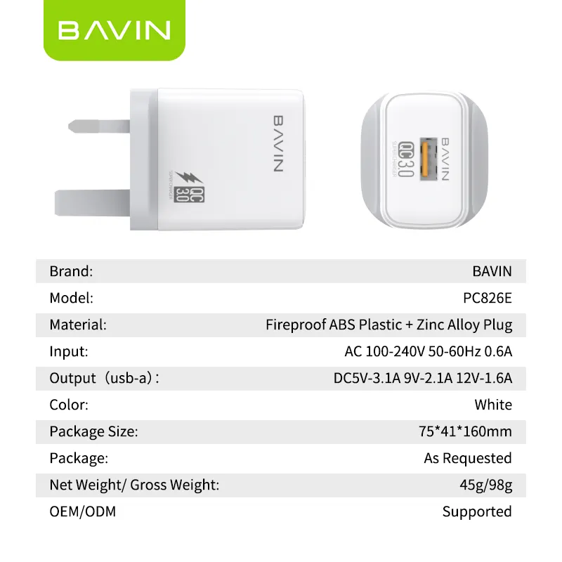 Bavin Pc826e Uk Plug Snel Opladen Qc 3.0 Usb Kabel Type C Kabel Adaptieve Muur Opladers Voor Mobiele Mobiele Telefoon Accessoires