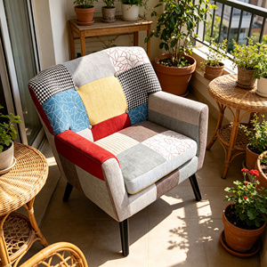 <span class=keywords><strong>Fauteuil</strong></span> d'appoint en tissu <span class=keywords><strong>patchwork</strong></span>, <span class=keywords><strong>fauteuil</strong></span> de loisirs <span class=keywords><strong>patchwork</strong></span> multi-motifs avec pieds en bois pour salon, certifié BSCI OEM/ODM - Product Image 2
