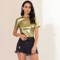 Allegra K - Tenue disco des années 80 pour femme, haut à manches courtes, col rond, couleur unie, arc-en-ciel, métallisé, scintillant