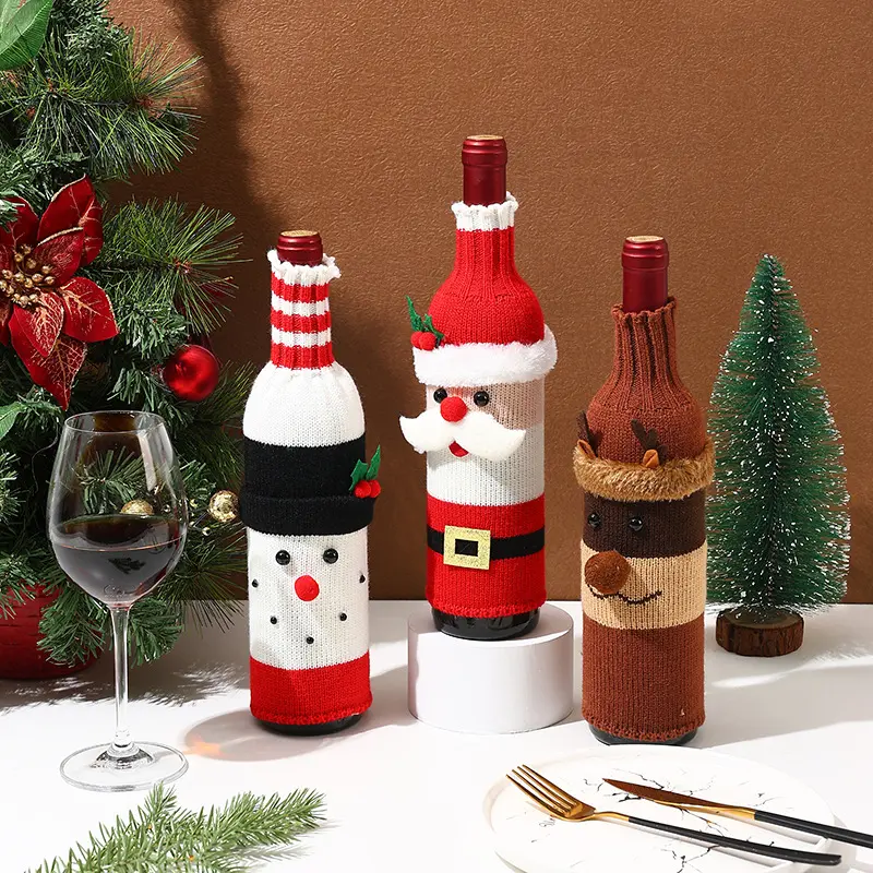 Decoración navideña Juego de botellas de vino Dibujos animados de punto Viejo muñeco de nieve Juego de vino tinto Restaurante de Navidad Decoración de ambiente