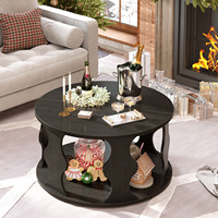 Table de salon ronde moderne avec rangement, petite table basse en bois à 2 niveaux avec étagère ouverte pour salon chambre bureau