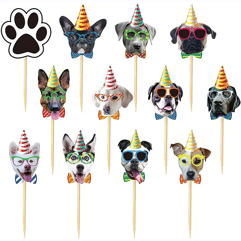 24Pcs Hond Cupcake Toppers Puppy Pet Thema Verjaardagsfeestje Decoraties Honden Gezicht Cake Toppers