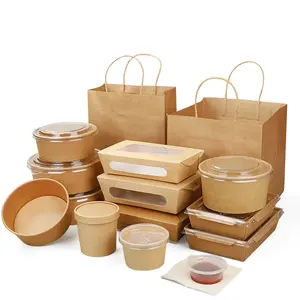 Disposable Logo Print Kraft Paper Salad Bowl With Clear Lid Chinese Food Take Away BOX Round Paper Bowl