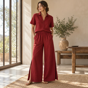 Nouvelle Collection : Ensemble Coordonné Femme Décontracté Été en Coton et Lin – Pantalon Large Taille Mi-Haute Fendu sur le Côté et Haut à Manches Courtes Effet Délavé - Product Image 1