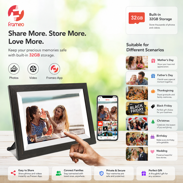 Factory Direct OEM ODM 10.1 Inch WiFi Digital Photo Frame with Frameo App 32GB Storage IPS Touch Screen Smart Picture Frame