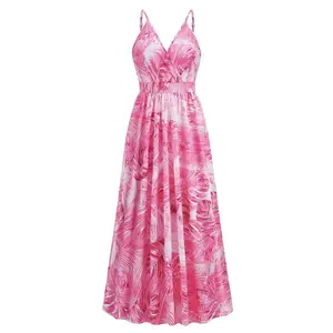 Gaun kasual pinggang tinggi elastis elegan anak-anak musim panas mode kustom pakaian pantai Set Linen V-neck motif bunga gaun Maxi rami