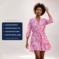 Robe Courte Femme Personnalisée Imprimée Numérique Motif Floral Taille Naturelle Col V Boutonnée Devant Coupe Évasée OEM ODM Marque Privée