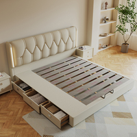 Cama Tapizada de Lujo Estilo Europeo Tamaño Queen o King con Cajones de Almacenamiento Oculto y Cabecero con Iluminación