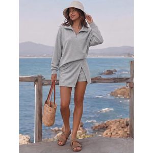 Conjunto de Falda de 2 Piezas Personalizado para Mujer, Sudadera con Media Cremallera, Manga Larga, por Encima de la Rodilla, Estilo Casual Deportivo - Product Image 2