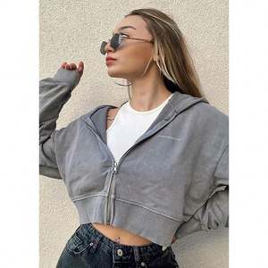 Top corto de algodón 100% lavado Vintage para mujer, Sudadera con capucha recortada de gran tamaño con cremallera en la parte delantera, patrón de letras, informal, primavera femenina - Product Image 3