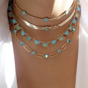 Cubic Zirconia Dainty Necklace Square CZ Zircon Choker Necklaces for Women Stainless Steel Turquoise Flower Tennis Necklace