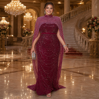 Robe de soirée sirène de luxe perlée avec cape, col montant, en tulle et strass, idéale pour invitées de mariage, fêtes et banquets
