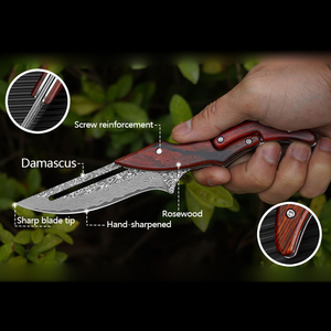 มีดพับเหล็กดามัสกัสแบบปรับความยาวได้กระเป๋ากลางแจ้งมีดล่าสัตว์ป่าซองหนัง - Product Image 3