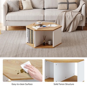 <span class=keywords><strong>Table</strong></span> d'appoint hexagonale multifonctionnelle en panneaux de particules, avec compartiments ouverts et plateau effet chêne, vente en gros - Product Image 4