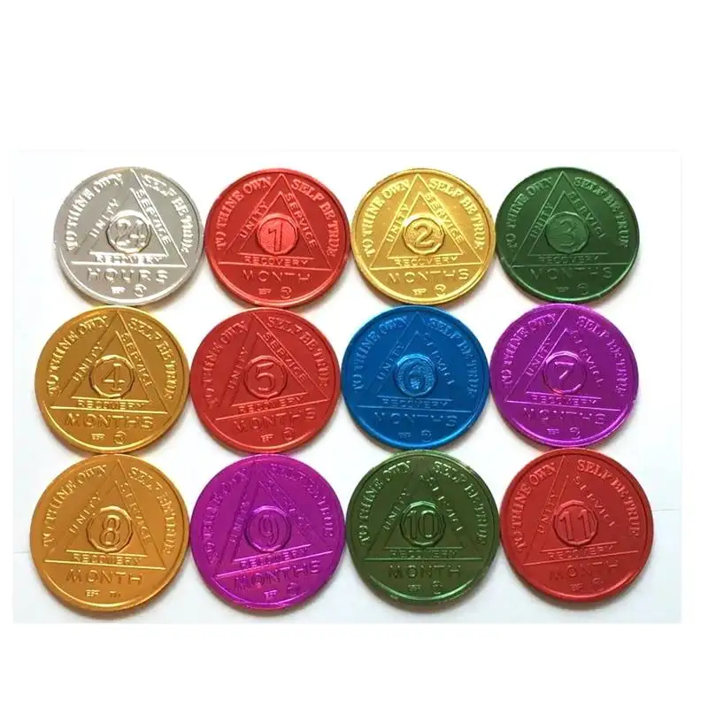 SET di 12 medaglione/monete AA di recupero BSP 24hr-11mo commemorativo personalizza testo e motivo, dimensioni e colore