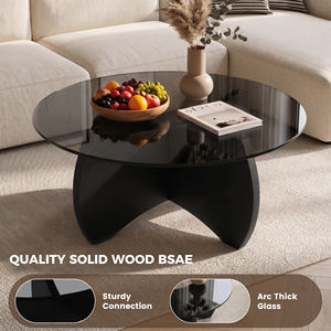 Mesa de Centro Redonda de Vidrio Templado con Base de Madera Sólida, Diseño Moderno, Fácil de Limpiar y Resistente para Muebles de Sala - Product Image 4