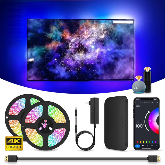 Smart Ambient TV Led Backlight for 4K HDMI 2.0 Device Sync Box Led Strip Lamp PC Monitor Back Lights Kit Works with Alexa Google