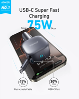 Cargador de Coche Anker A2738 Nano75W con Cable USB-C Retráctil Integrado, Carga Rápida Dual de 45W+30W para iPhone, Samsung y Laptops